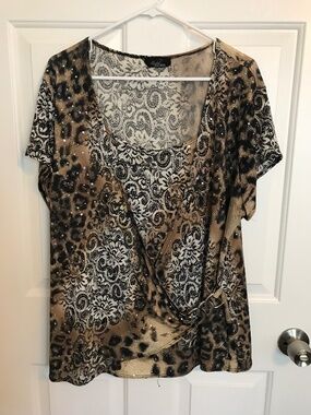 Rachel Rachel Embellished Leopard Print Wrap Stretch Knit Top Plus 1X Brown